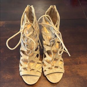 Christian Siriano Tan Heels with Elegant Lace-Up Design